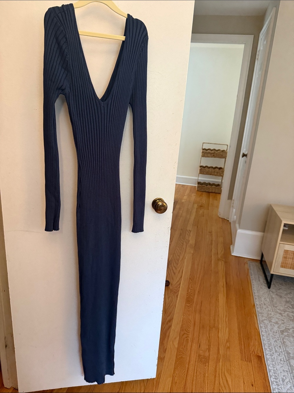 Hera Collection Navy Ribbed Deep V Long Sleeve Maxi Dress